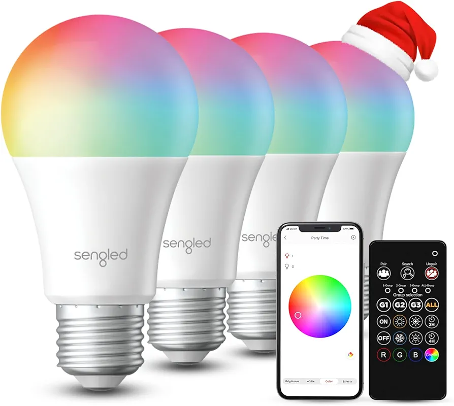 Sengled Dual Mode Smart Light Bulbs with Remote & App Control, Color Changing Light Bulbs, RGBW LED Light Bulbs 2700K-6500K Dimmable, 60W Equiv, Group Control, Timing, Sunrise & Sunset (4P+ 1 Remote)