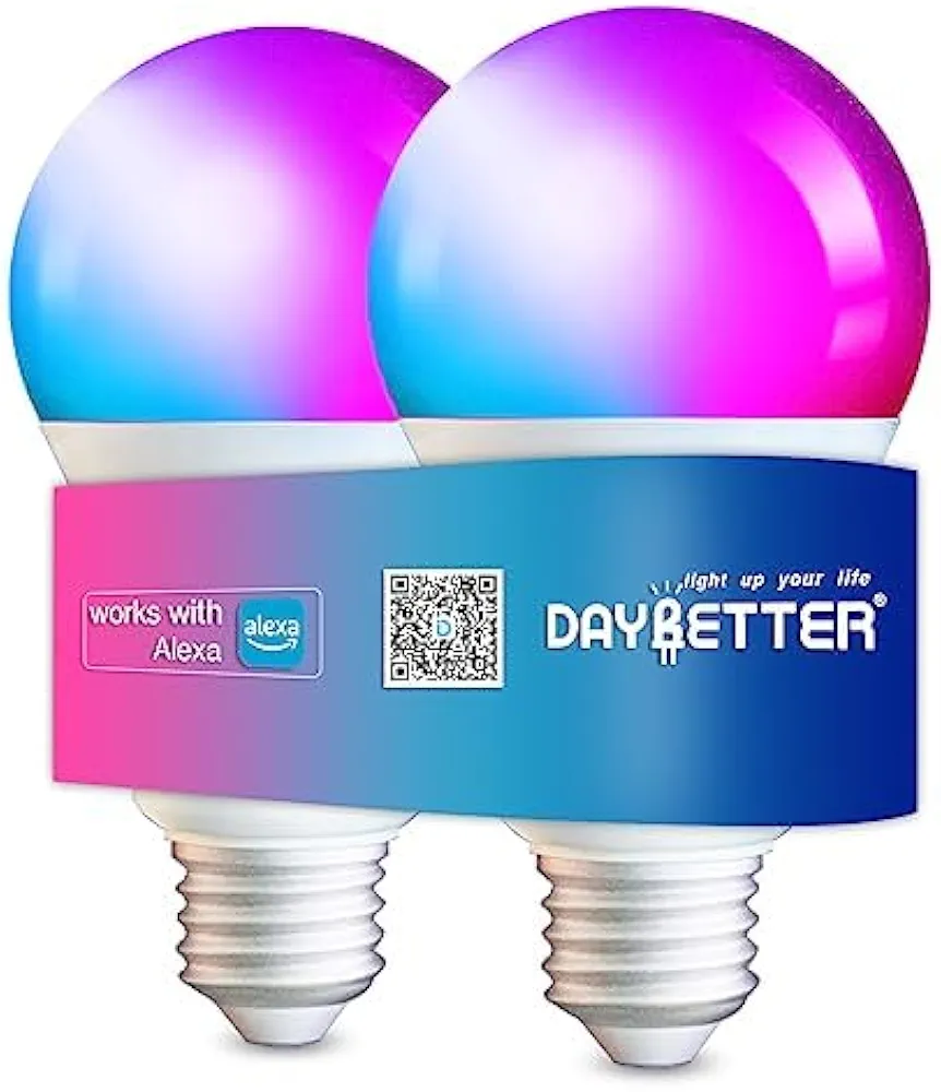 DAYBETTER 2 Pack Smart Light Bulbs,Work with Alexa and Google Assistant, Color Changing LED Light Bulb, WiFi & Bluetooth Smart Light Bulbs, Music Sync, A19, 800 Lumens