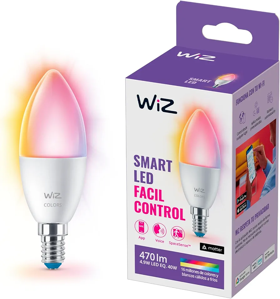 WiZ 40W B12 Color LED Smart Candle-Shaped Bulb - Pack of 1 - E26- Indoor - Connects to Your Existing Wi-Fi - Control with Voice or App + Activate with Motion - Matter Compatible