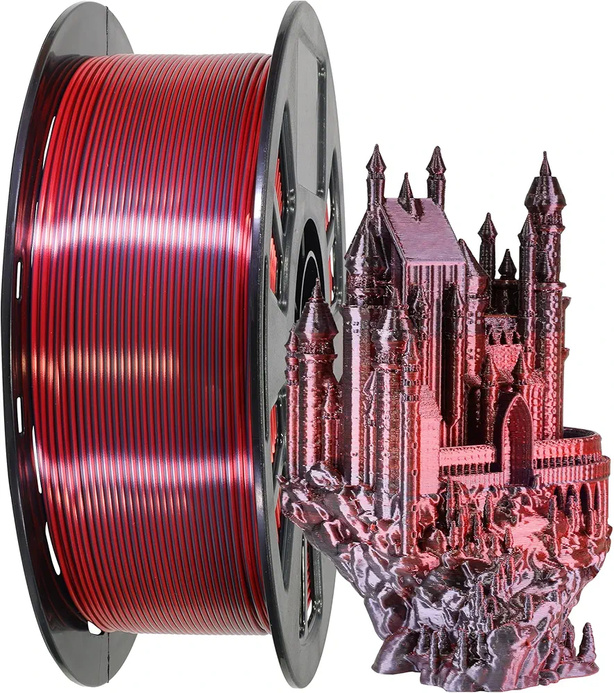 3D Printing Silk PLA Shiny Red Black 2 Colors in 1 Coextrusion 3D Filament, 1.75mm 1KG Dual Bicolor Double Colors 3D Printer Material Widely Support for Printers