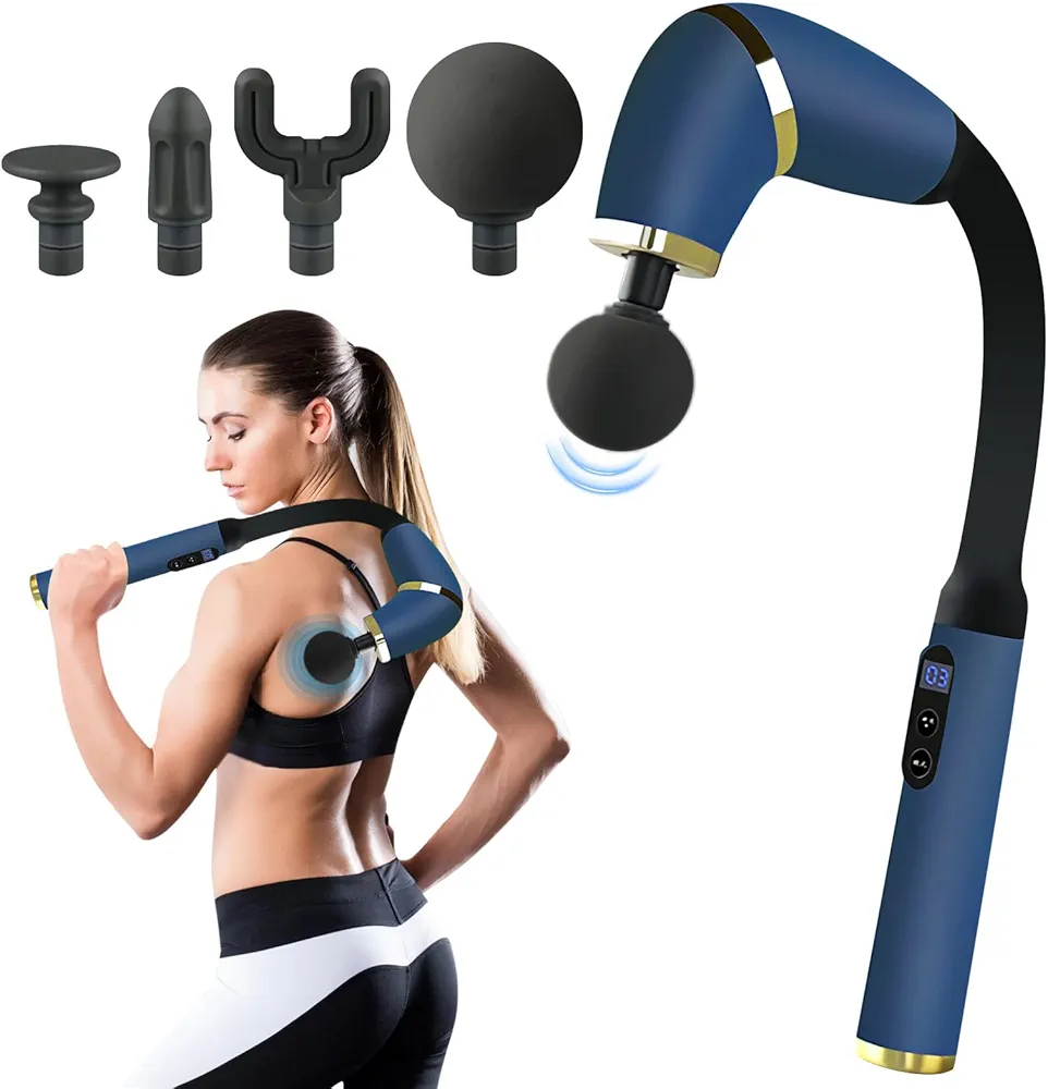 Massage Gun with Upgraded Extended Handle, Portable Back Massager with 4 Massage Heads and LCD Screen, Handheld Percussion Massager for Back, Neck, Shoulder, Legs and Whole Body, 3 Modes&6 Speeds (AA)