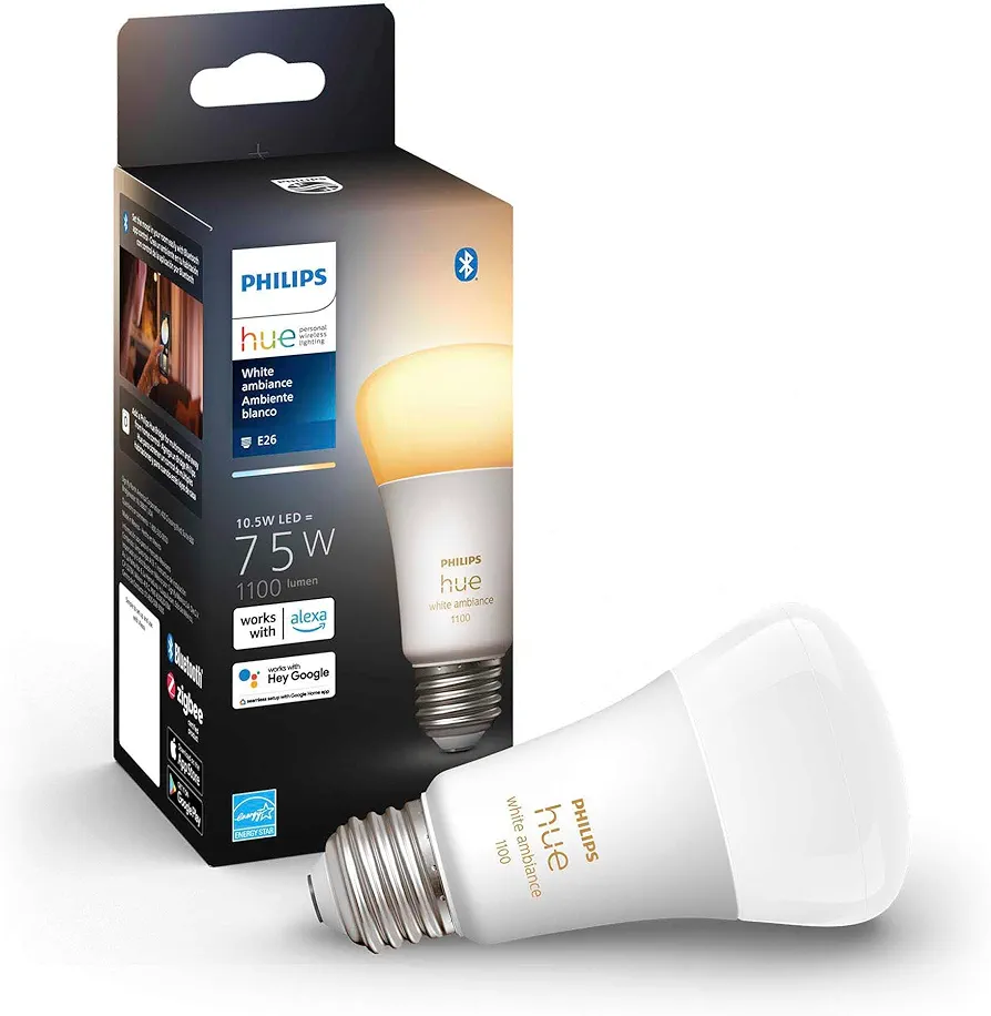 ,Philips Hue White Ambiance A19 60W Equivalent Dimmable LED Smart Light Bulb, 1 Smart Bulb, Works with Alexa, Apple HomeKit, and Google Assistant, (California Residents)