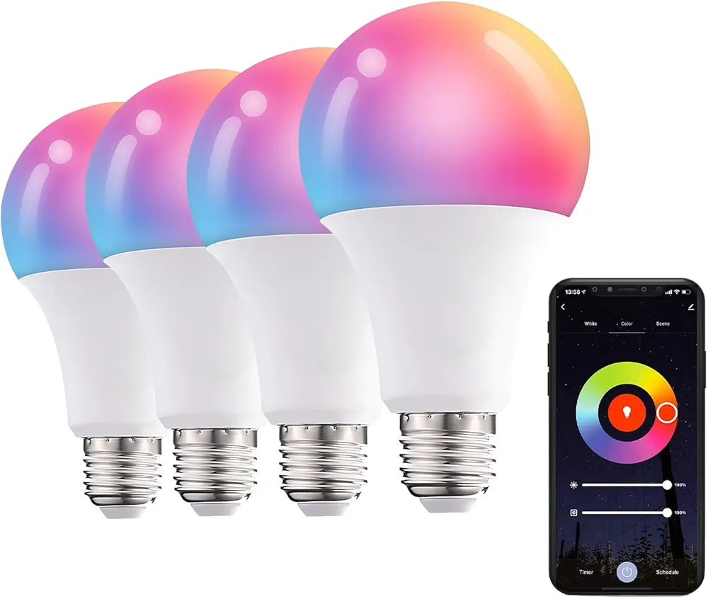 (4 Qty) 10W LED Smart Light Bulb, Alexa Compatible Echo Light Bulb, Tuya Smart Life App, Music Mode, Brightness Adjustment, RGB Color Changing light bulb, Smart Indoor Bulbs That Work with Alexa