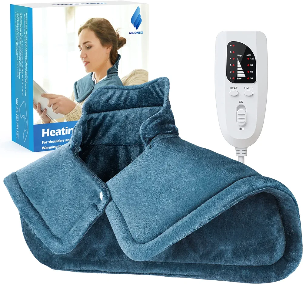 Heating Pad for Neck and Shoulders, NIUONSIX Christmas Gifts for Women Mom Wife Men Dad, Weighted Electric Heating Pad for Back Pain Relief 6 Heat Settings 4 Timers Auto Off, Blue