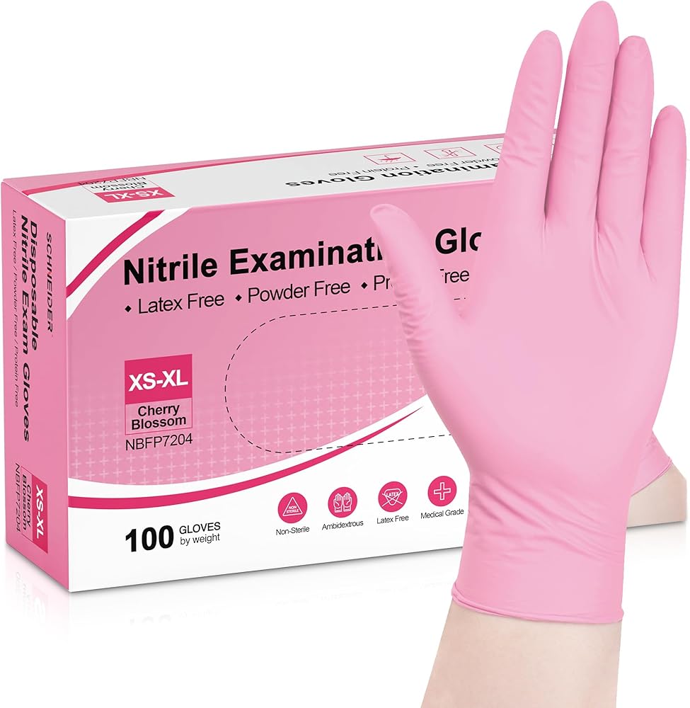 Schneider Nitrile Exam Gloves, 4 Mil Pink Disposable Gloves, Latex Free, Powder Free for Cooking, Cleaning, Examination