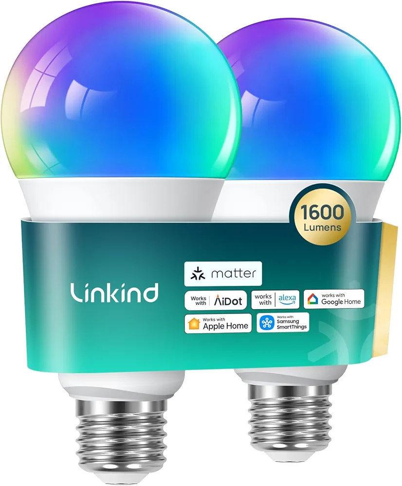 Linkind Matter Smart Light Bulb,1600LM 100W Smart Bulbs Work with Alexa/Apple Home/Google Home/SmartThings, RGBTW LED Color Changing Bulbs Music Sync, 2.4GHz Wi-Fi Light Bulbs LED 11W, A21 E26, 2Pack