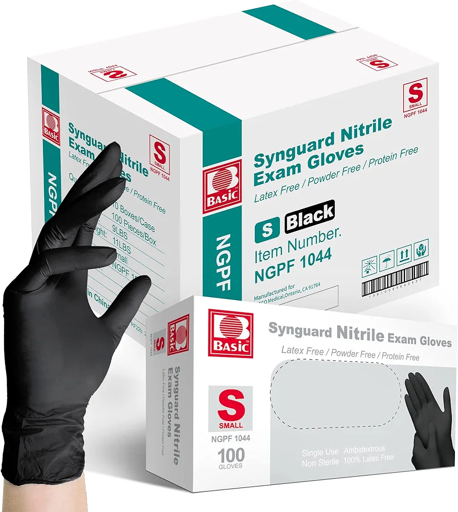 Basic Medical BLACK Nitrile Exam Gloves, 5 Mil,- Latex-Free & Powder-Free - NGPF-1044 (Case of 1,000), Small