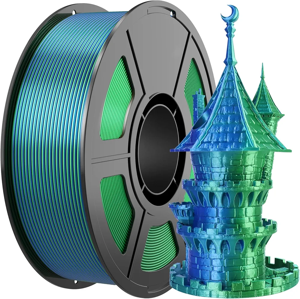 Silk PLA 3D Printer Filament, Silk Dual Color Blue Green PLA Filament 1.75+/-0.03mm, Shiny Coextrusion PLA Filament, Color Change 3D Printing Filament 1KG/2.2lb