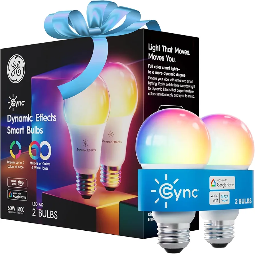 Cync GE Dynamic Effects A19 Smart LED Light Bulb, Color Changing Smart WiFi Light, Compatible with Alexa and Google Home (2 Pack)