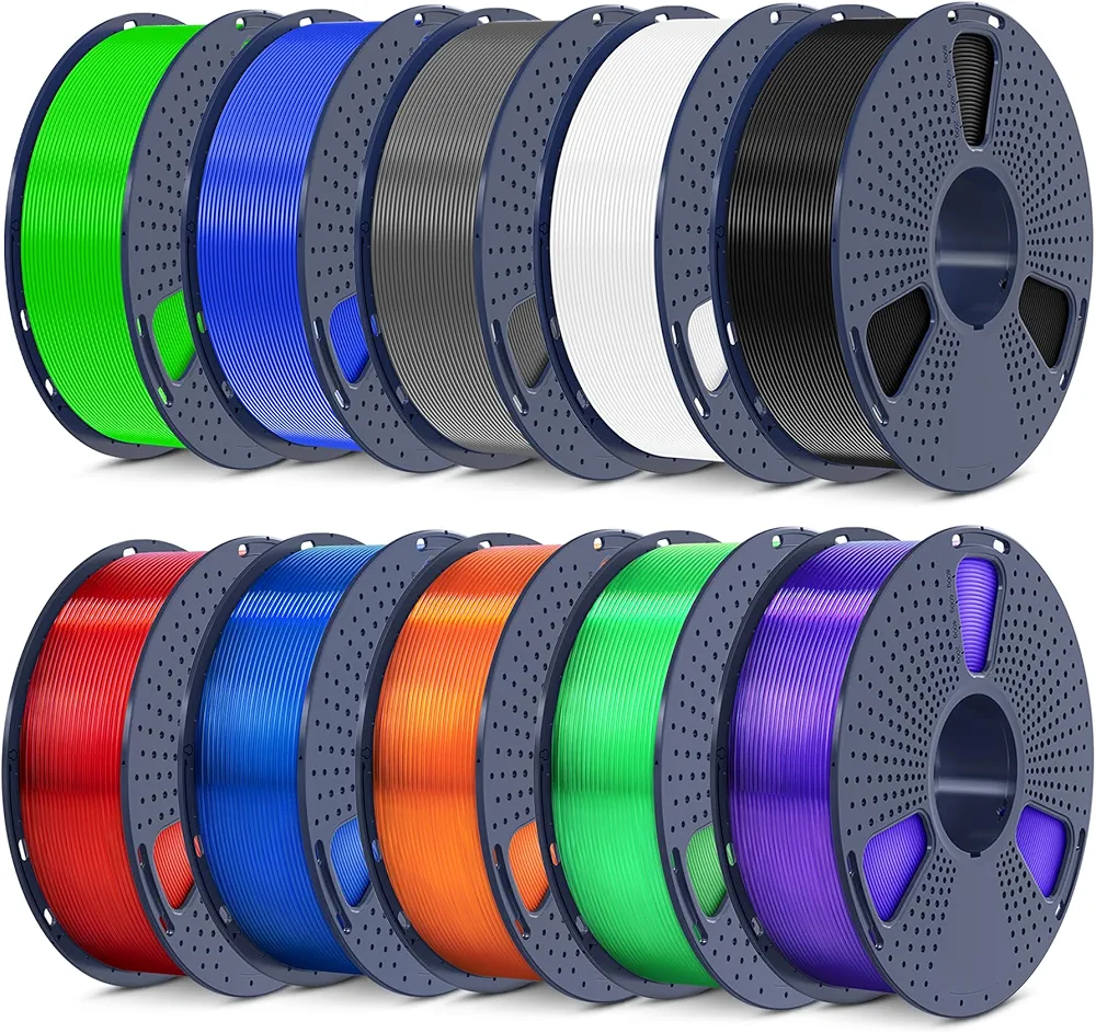 SUNLU PLA Filament Bundle 1.75mm, 3D Printer Filament, Dimensional Accuracy +/- 0.02 mm,1kg Spool, 10 Rolls, Black+White+Grey+Blue+Green+Transparent (Purple+Green+Orange+Blue+Red)