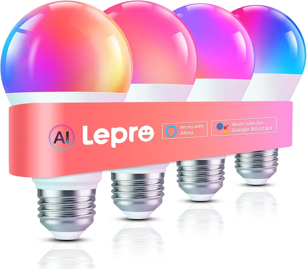 Lepro B1 AI Smart Light Bulbs - WiFi & Bluetooth RGBWW Color Changing LED Bulb Compatible with Alexa & Google Assistant, AI Generated Lighting, AI Voice Control, Music Sync, 2.4GHz Only, 4 Packs