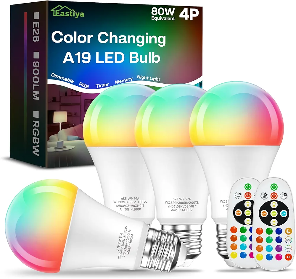 Color Changing Light Bulb, 80W Equivalent, Remote Control Light Bulbs, 900LM, RGB Light Bulbs, 9W E26 Base, 16 Color Choices LED Light Bulbs, Timing, Dimmable, Multi-Color Light Bulbs, 4Pack