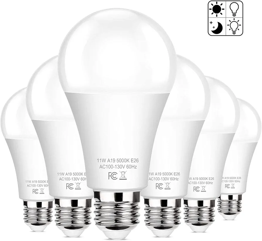 6-Pack Dusk to Dawn LED Light Bulbs, A19 11W(100Watt Equivalent), E26 Basic Automatic On/Off, 1200LM, Daylight White 5000K Smart Sensor Lights, Outdoor for Porch Garage Yard Patio Garden