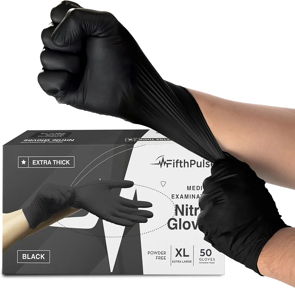 Disposable Black Nitrile Gloves Large 50 Count - Extra Thick 4.5 Mil - Powder and Latex Free Rubber Gloves - Surgical Medical Exam Gloves - Food Safe Cooking Gloves