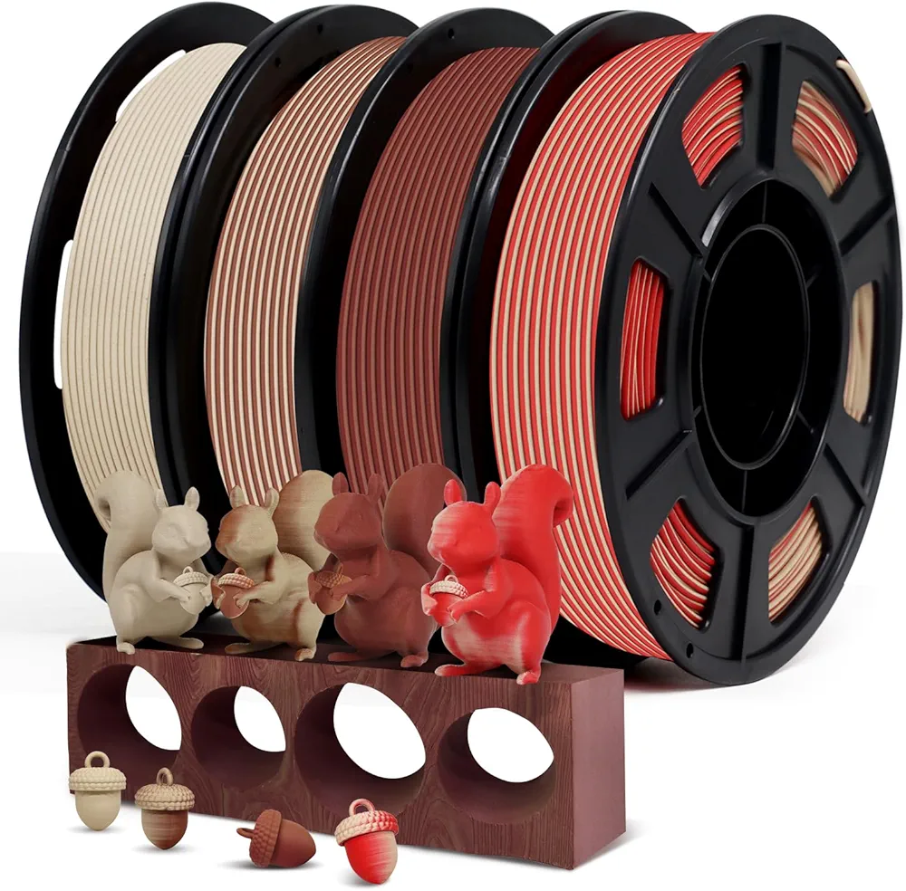 YOUSU Dual Color Wood PLA Filament 1.75mm Bundle,Multicolor 3D Printer Filament,3 Dual Wood Colors and 1 Bamboo Color 3D Printing Filament,Fits for Most FDM 3D Printers,250gX4 Pack