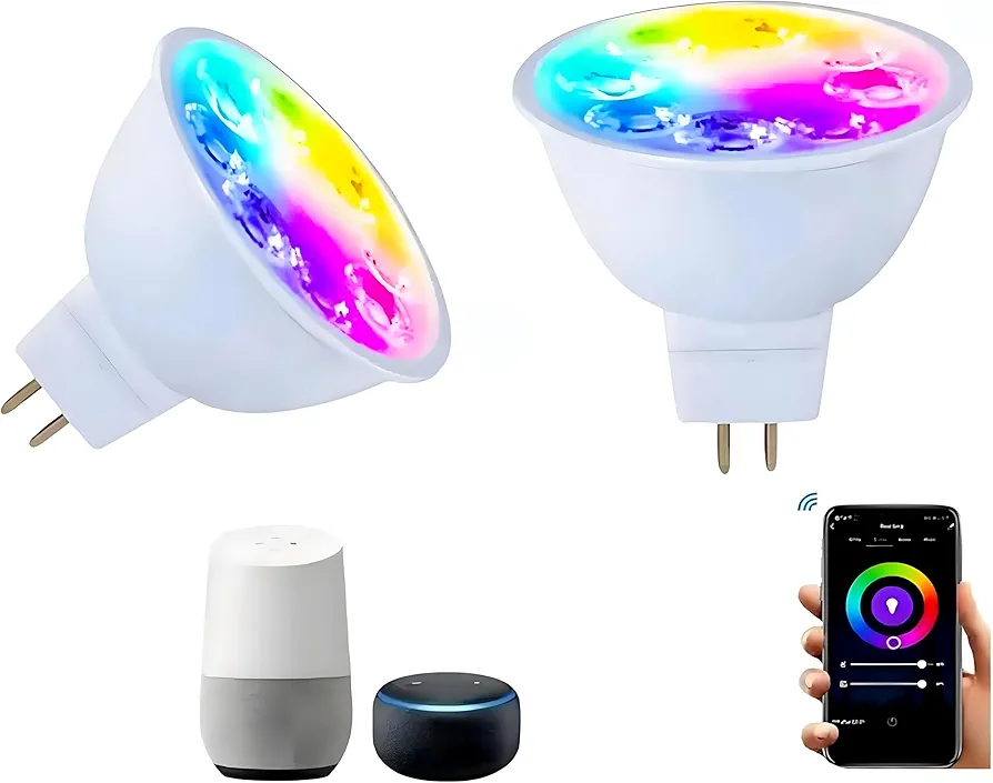 Smart MR16 LED Bulbs Dimmable Color Changing,12Volt Gu5.3 Bi-Pin Base,RGB MR16 LED WiFi Bulb Works With Alexa,Adjustable 16Million Colors And Music Sync,For Living Roomn Bedroom Office Hotel Etc.2Pack