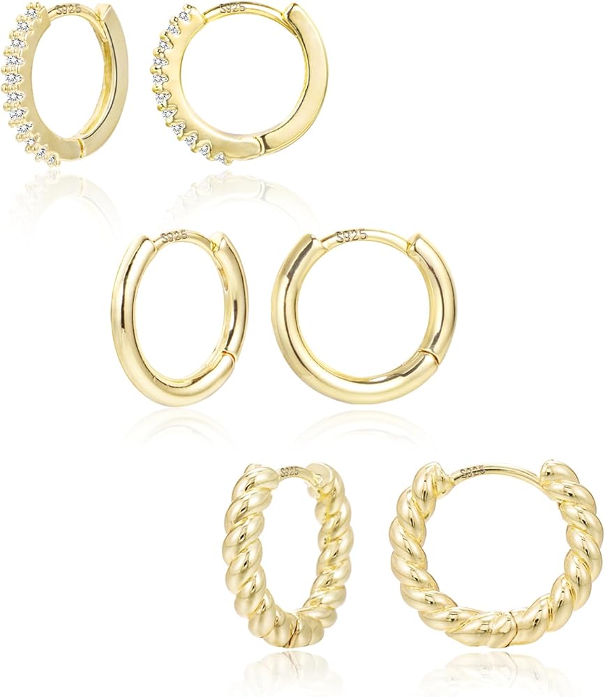 3 Pairs Small Huggie Hoop Earrings Set 14K Gold Hypoallergenic Lightweight Huggie Hoops Earrings for Women Girls