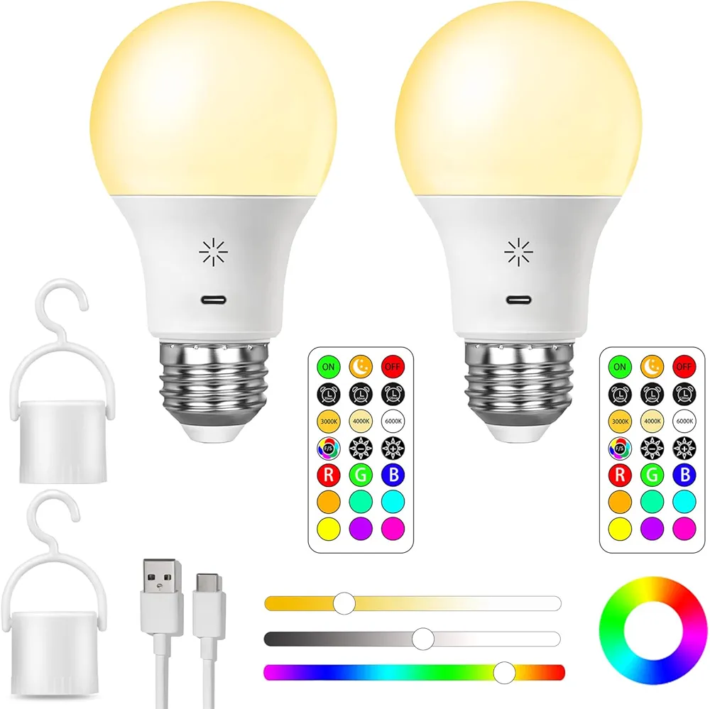 USB Rechargeable Light Bulb With Remote Control, Smart RGB Color Changing Bulb, 9+3 Color Temperature, LED Dimmable Touch Control Bulb With Timing Function, 2600mAh Battery Powered 8W A19, E26,2 Pack