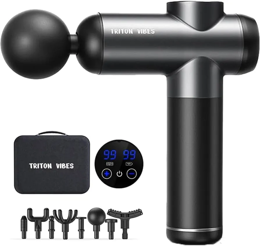 Percussion Massage Gun – Deep Tissue Muscle Massager for Athletes with LCD Display, 8 Massage Heads & Portable Carrying Case for Pain Relief, Relaxation & Recovery