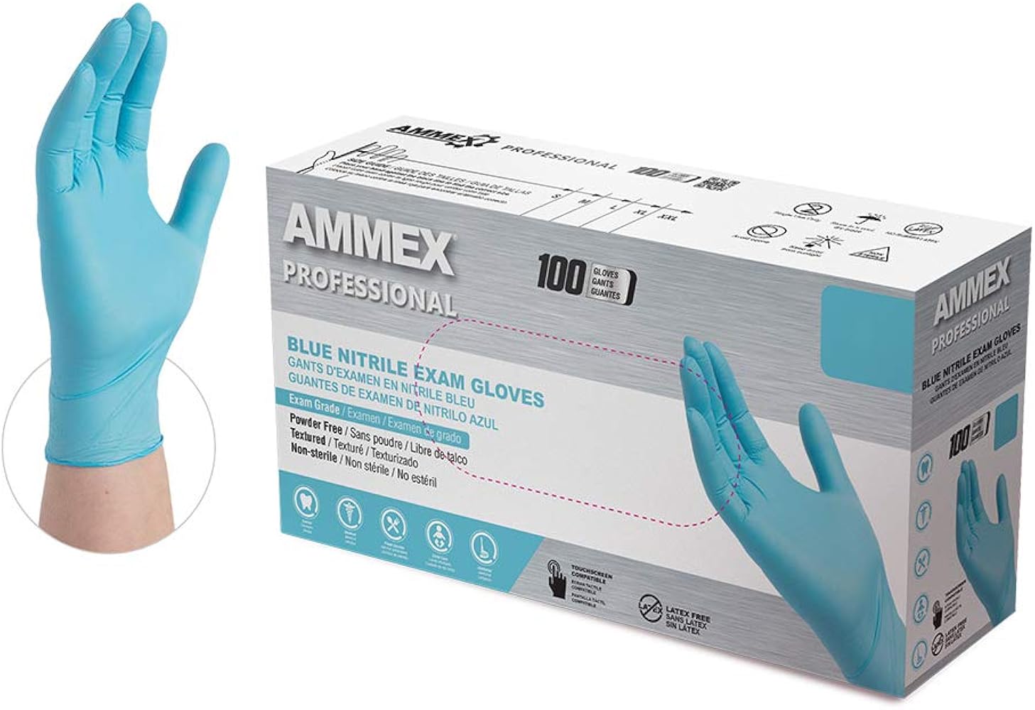 Ammex Blue Nitrile Disposable Exam-Grade Gloves, 3 Mil, Latex & Powder Free, Food-Safe, Lightly-Textured, Non-Sterile