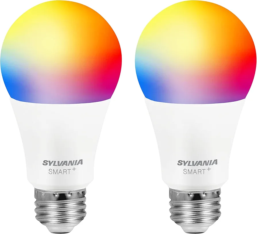 SYLVANIA Bluetooth Mesh LED Smart Light Bulb, One Touch Set Up, A19 60W Equivalent, E26, RGBW Full Color & Adjustable White, Works with Alexa Only - 2 Count (Pack of 1) (75760)