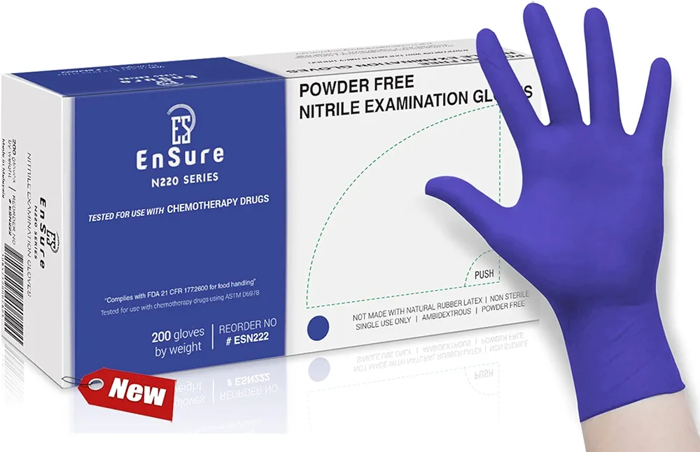 Nitrile Exam Medical Disposable Gloves, Chemo Rated, Powder Free, Latex Free, Non Sterile, 200 Count, 3 Mil, Dental, Food Safe, Light Duty, Textured Tips (Small, 200)