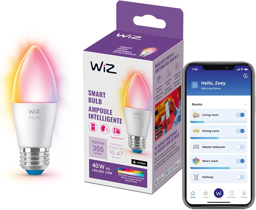 WiZ 40W B12 Color LED Smart Candle-Shaped Bulb - Pack of 1 - E26- Indoor - Connects to Your Existing Wi-Fi - Control with Voice or App + Activate with Motion - Matter Compatible