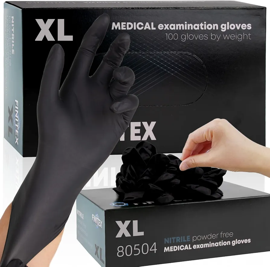 FINITEX - Black Nitrile Disposable Gloves, 5mil, Powder/Latex-Free, Medical Exam 100 PCS For Examination Home Cleaning Food Gloves (X-Large)