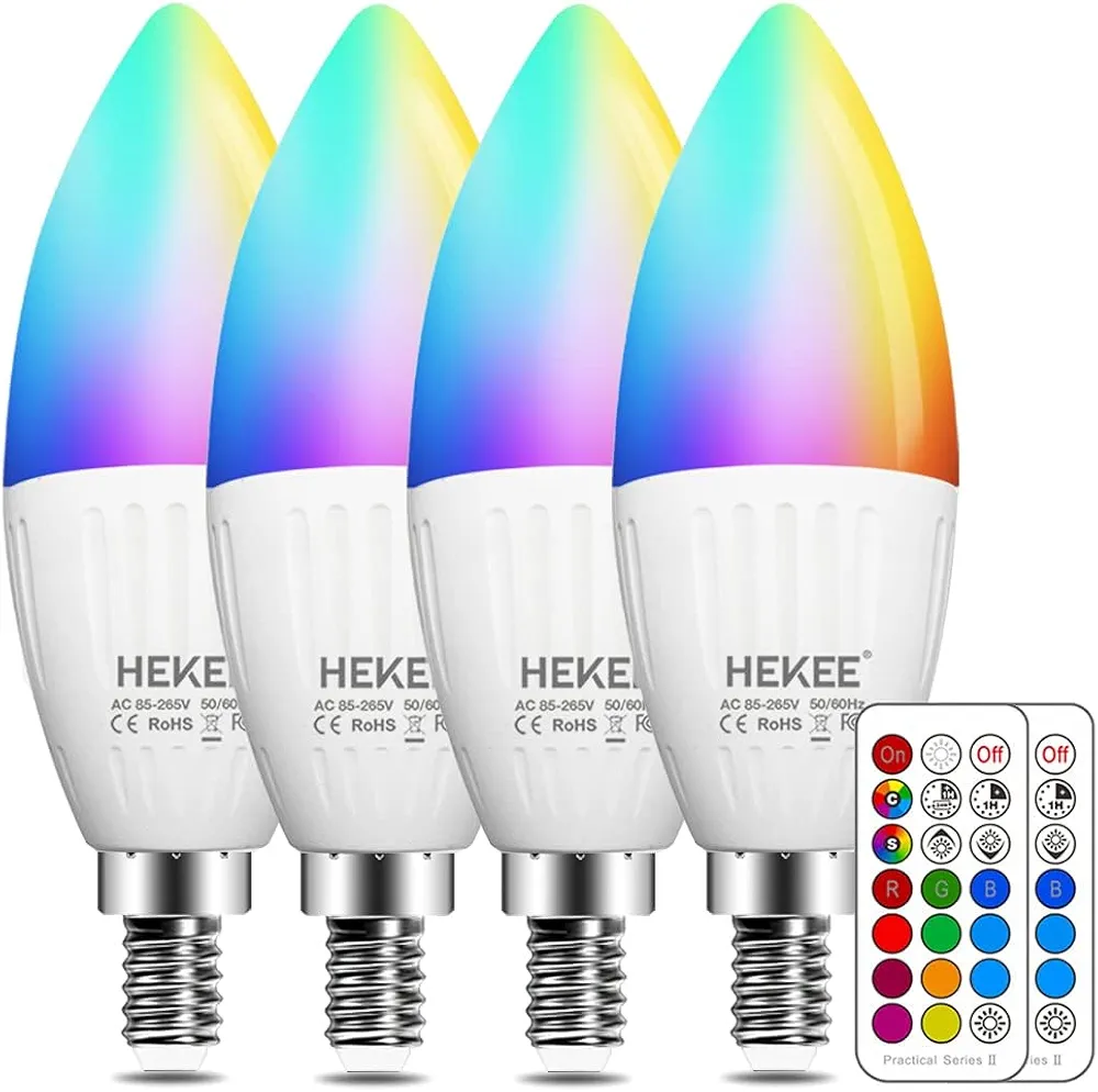 E12 LED Candelabra Light Bulbs, Color Changing Candle, B11 40W Incandescent Equivalent, 450 Lumen, RGB + 2700K Warm White, 5Watt, 12 Colors, 2 Modes, Timer, Remote Control(4 Pack)