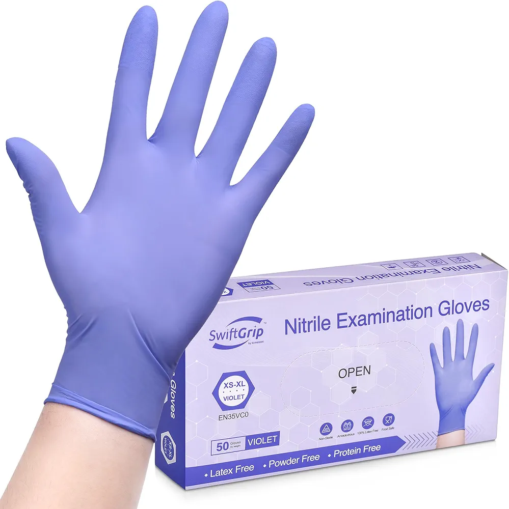 Disposable Nitrile Exam Gloves, 3-mil, Small, Box of 50, Violet Nitrile Gloves Disposable Latex Free for Medical, Cleaning, Cooking & Esthetician, Food-Safe, Powder-Free, Non-Sterile, Purple