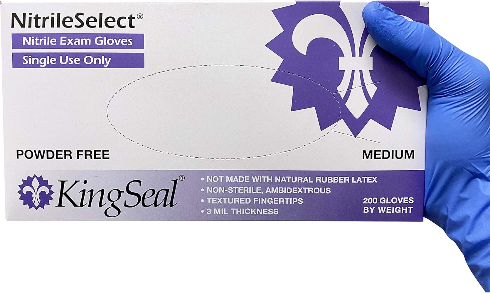 KingSeal NitrileSelect Exam Gloves, Medical Grade, Powder Free, 3 MIL, Violet Blue, 200 Count Box in Various Bundles