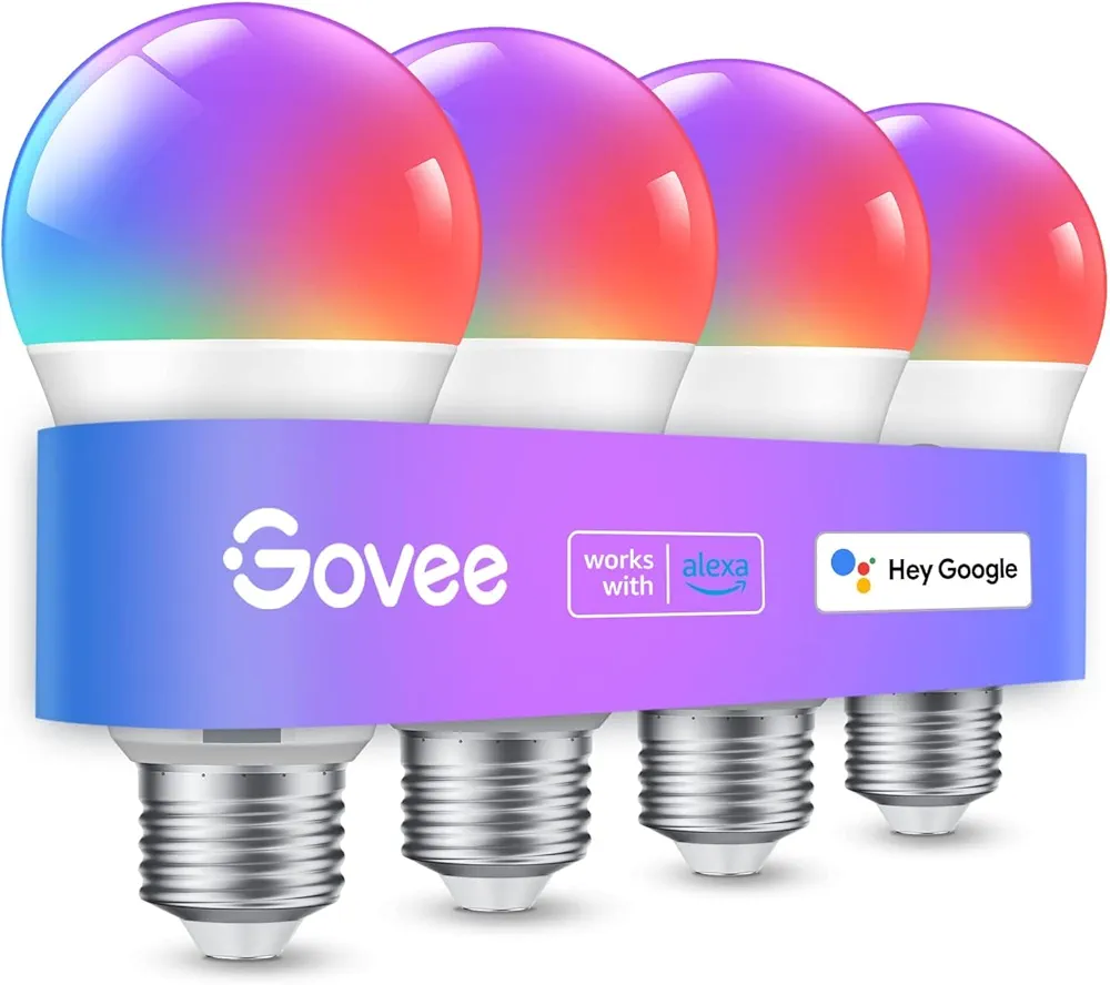 Govee Smart Light Bulbs, Color Changing Light Bulb, Work with Alexa and Google Assistant, 16 Million Colors RGBWW, WiFi & Bluetooth LED Light Bulbs, Music Sync, A19, 800 Lumens, 4 Pack