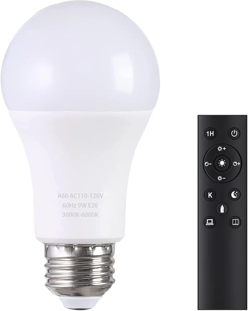 A19 LED Light Bulbs with Remote Control, 800LM 9W, 60W Equivalent LED Bulbs,Stepless Dimmable 3000K-6000K,E26 Base,CRI 80+,2.4GHz,25000+ Hours Lifespan,Light Bulb for Home Decor,1Bulb&1Remote