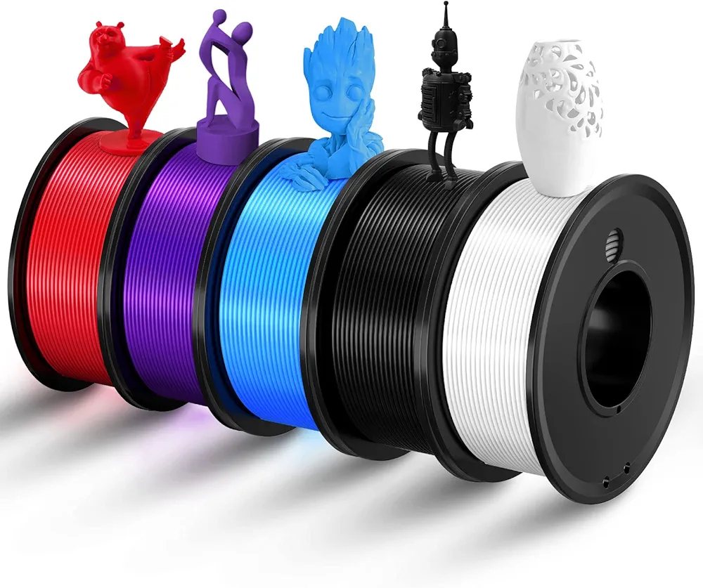 FAHKNS 3D Printer Filament PLA 1.75mm 3-D Printing Materials 5 Colors Bundle Print Filimate 1.75 mm White Black Red Blue Purple Filiment1.75 Accuracy ±0.02mm Fillament Spool Vacuum Pack 250G X 5 Roll