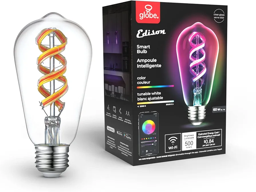 Globe Electric 35847 Wi-Fi Smart 7 W (60 W Equivalent) Spiral Filament Multicolor Changing RGB Tunable White Clear LED Light Bulb, No Hub Required, Voice Activated, 2000K - 5000K, Vintage Edison