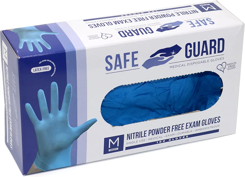 Safeguard Nitrile Exam Gloves, Powder Free, Medical Grade Gloves, Latex Free, 100 Pc. Dispenser Pack, Medium Size in Blue, 1count