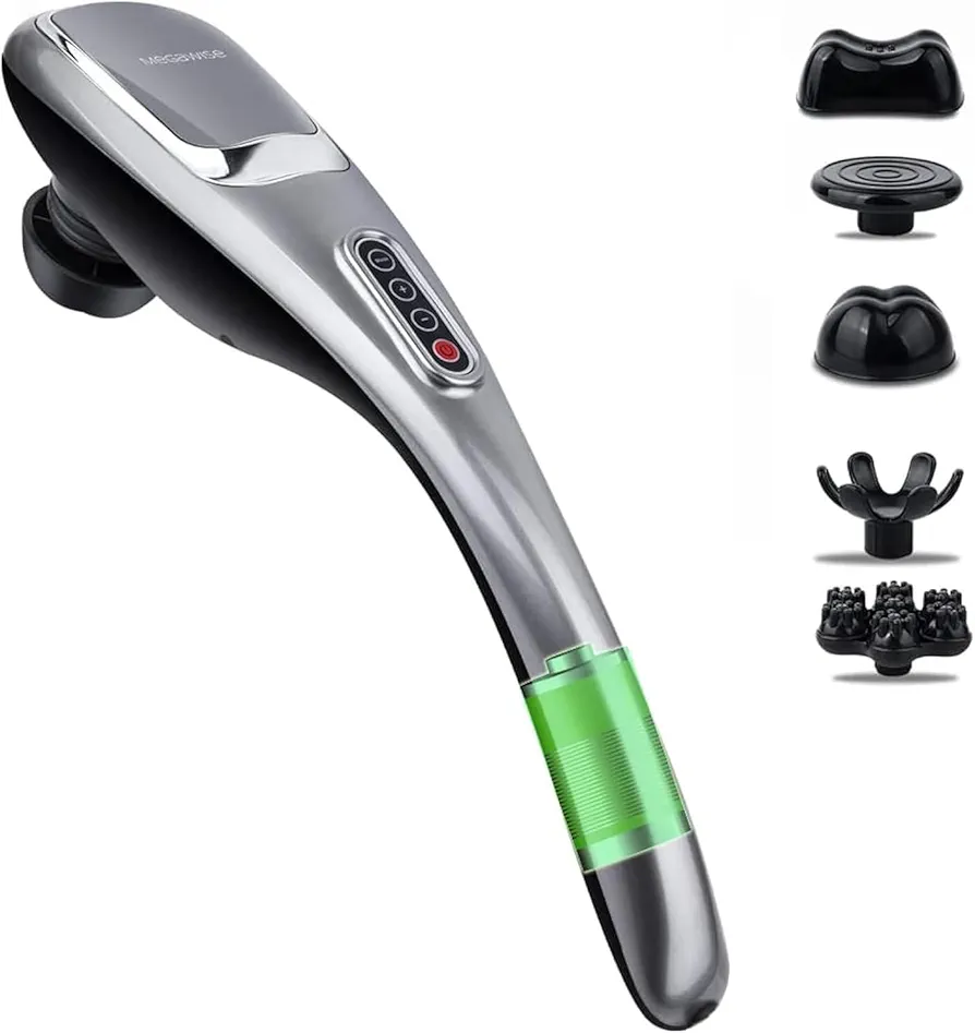 MEGAWISE Handheld Back Massager | Deep Tissue Percussion Massage for Back, Neck, Shoulders, Waist and Legs (Cordless Silver)