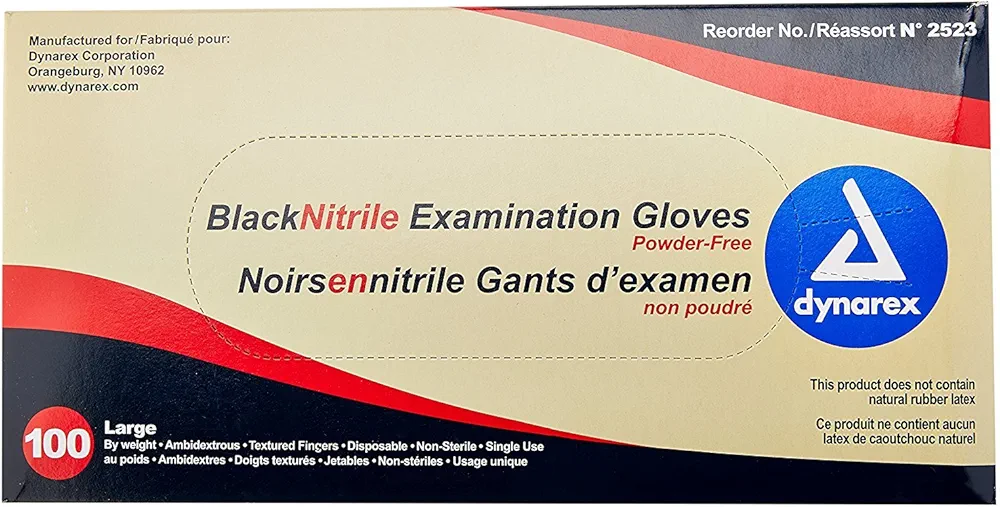 Dynarex Safe-Touch Black Disposable Nitrile Exam Gloves, Powder-Free, Used in Healthcare and Professional Settings, Law Enforcement, Tattoo, Salon or Spa, Large, 1 Box of 100 Gloves