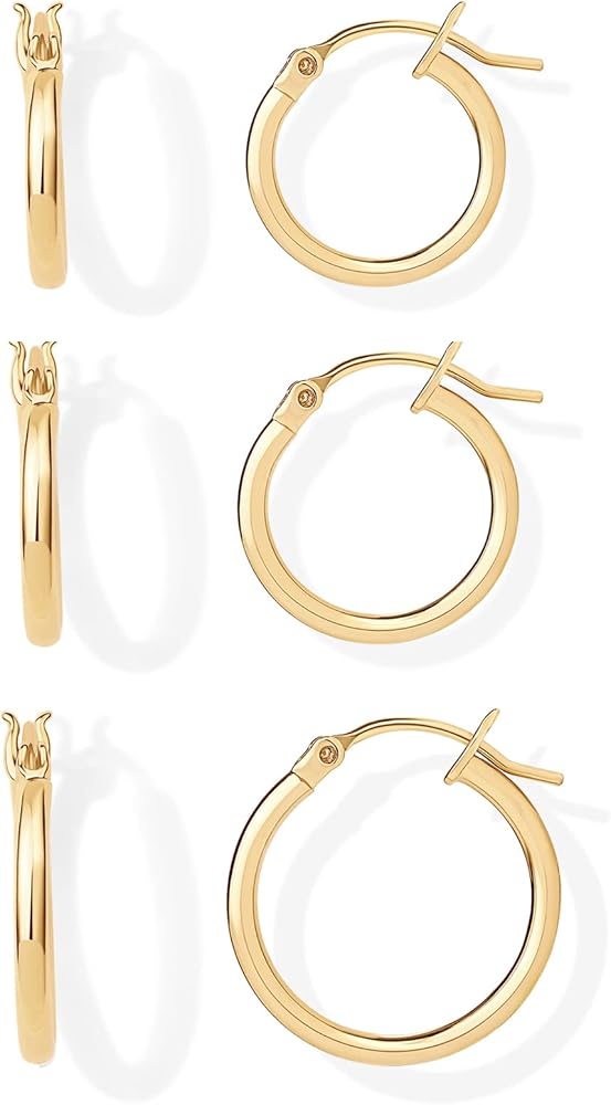 PAVOI 18K Gold 925 Sterling Silver Post Hoop Earrings for Women | Thin Small Gold Huggie Hoop Earrings | 3 Pairs Gold Hoop Earring Pack