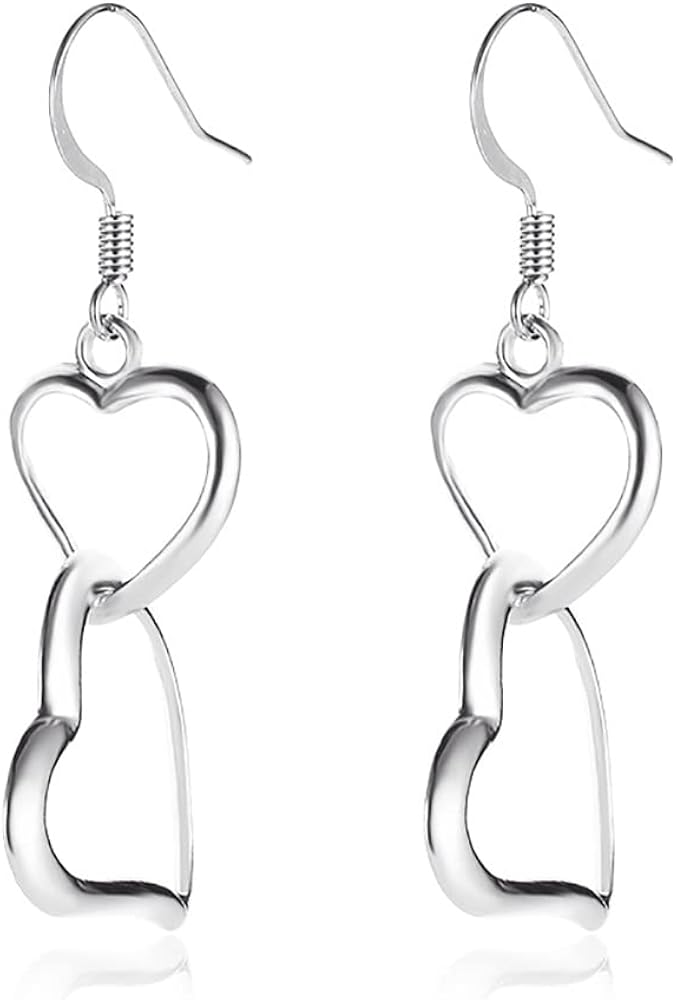 Minimalist Double Hearts Drop Dangle Earrings Love Heart Dangling Hook Hoops Studs Sterling Silver Plated Hypoallergenic Earrings Fashion Valentine's Day Birthday Jewelry Gifts for Women