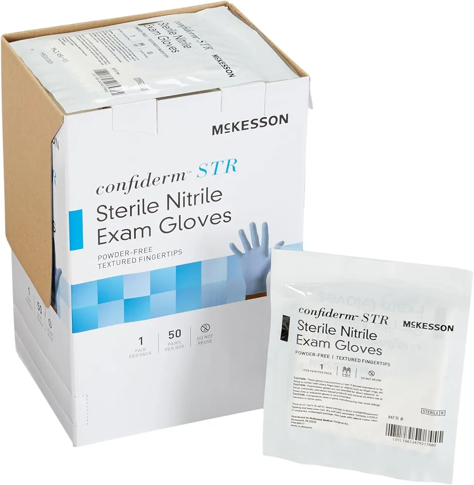 McKesson Confiderm STR Sterile Nitrile Exam Gloves - Powder-Free, Latex-Free, Ambidextrous, Textured Fingertips - Blue, Size Medium, 50 Count, 4 Boxes, 200 Total