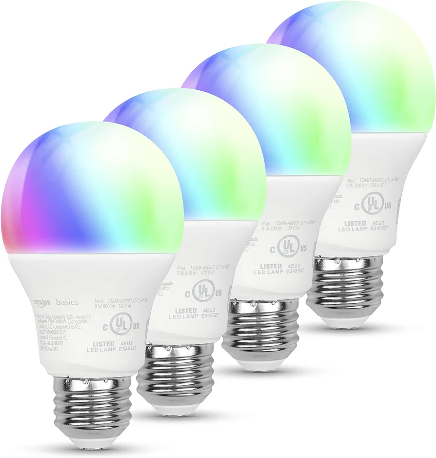 Amazon Basics Smart A19 LED Light Bulb, Color Changing, 9W (60W Equivalent), 800LM, Works with Alexa Only, 2.4 GHz Wi-Fi, No Hub Required, 4-Pack