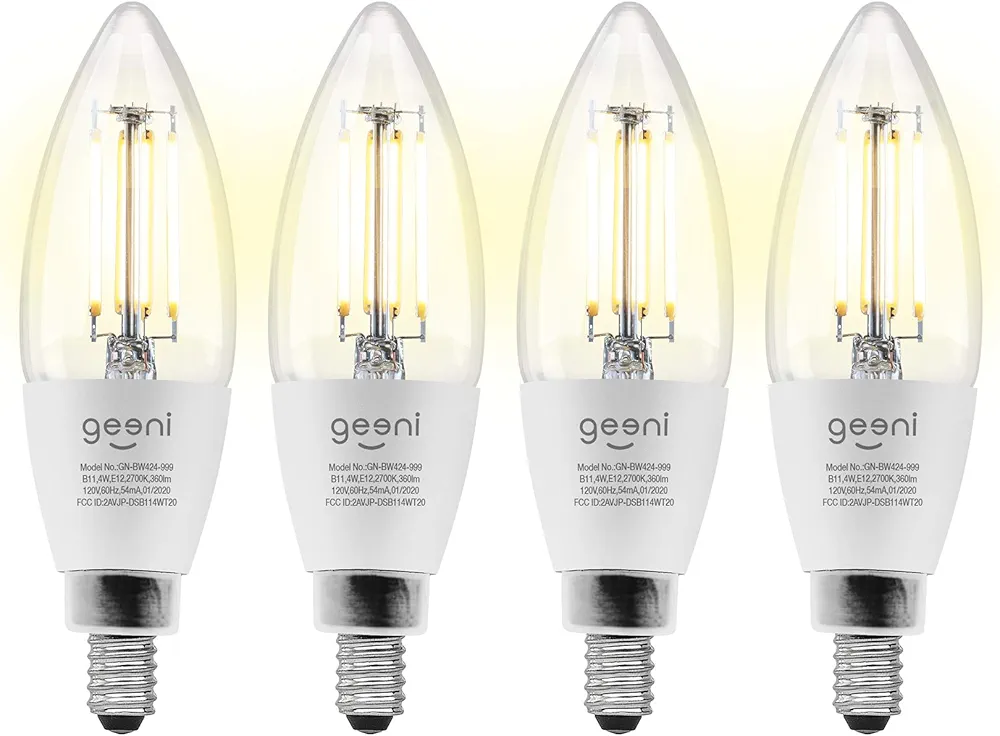 Geeni LUX Edison B11 Filament WiFi LED Smart Bulb, B11 Candelabra, 4W, E12 Base, Dimmable, White Light, Compatible with Amazon Alexa & Google Home - No Hub Required- 4 Pack