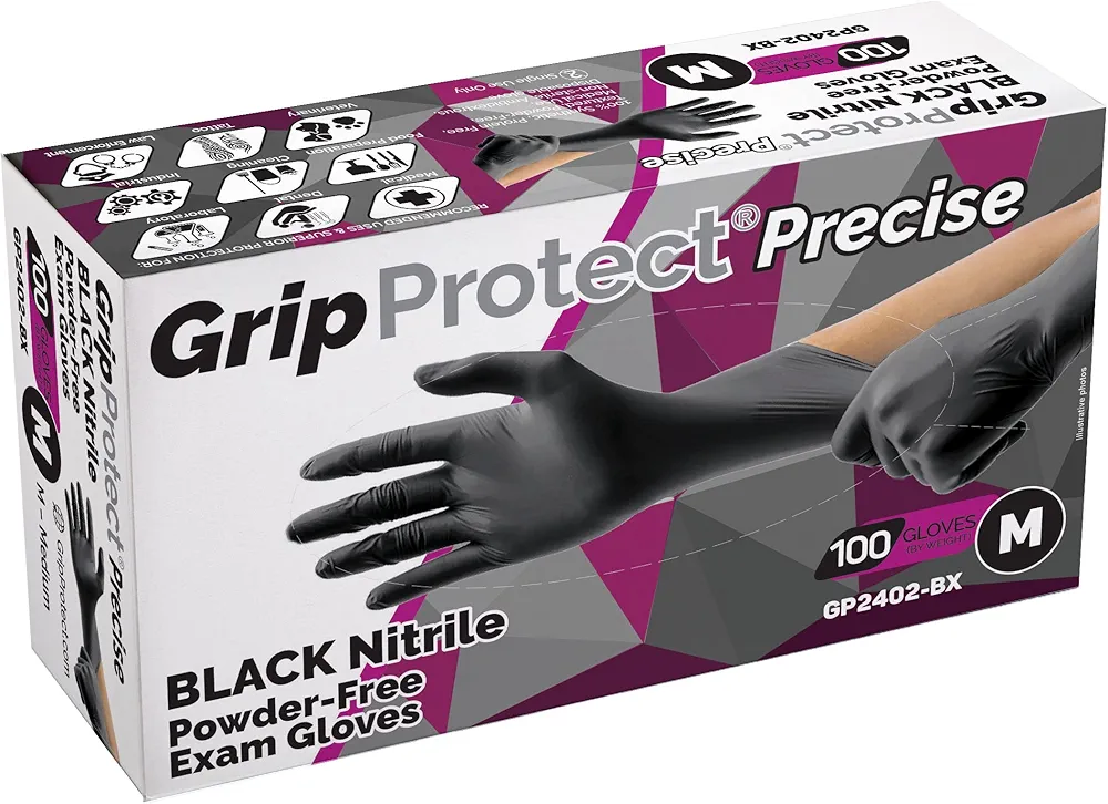 GripProtect® Precise Black Nitrile Exam Gloves | 4 Mil | Chemo-Rated | Food, Home, Hospital, Law Enforcement, Tattoo | (Medium, 100)