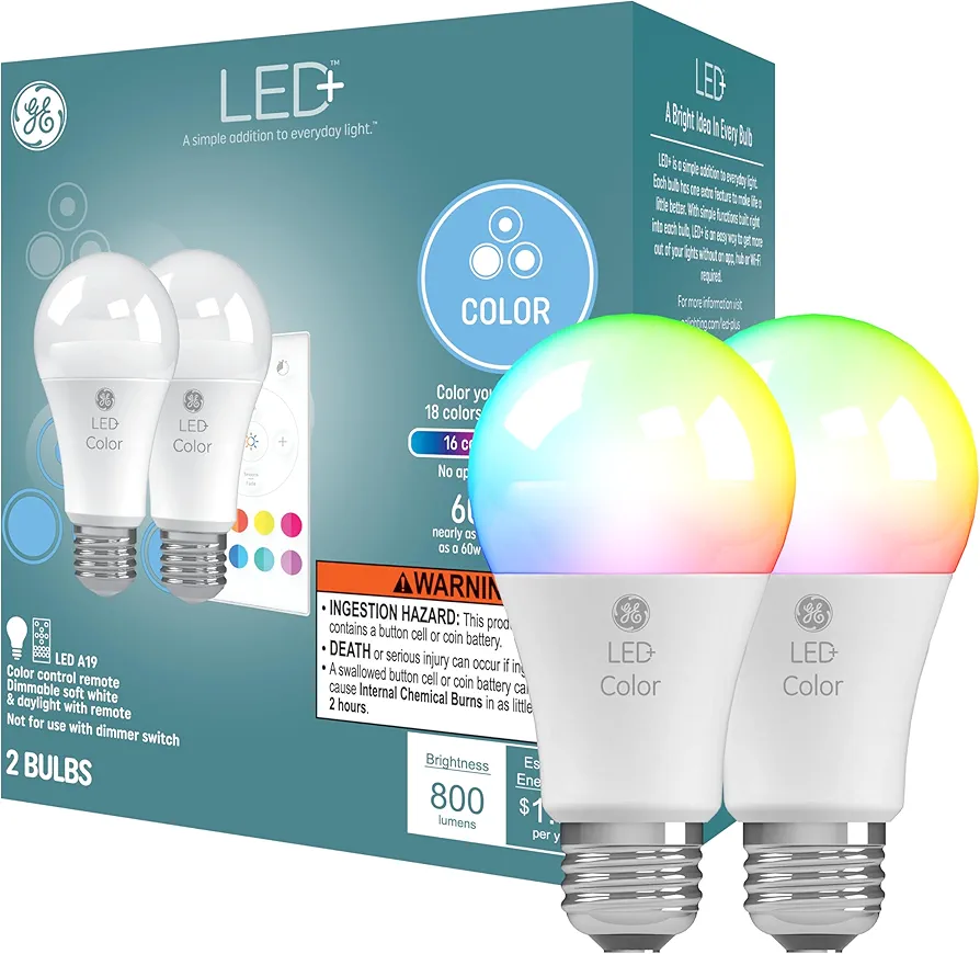 GE LED+ Color Changing LED Light Bulbs with Remote, College Dorm Light, Dorm Room Essentials, Bedroom Light, 9.5W, No App or Wi-Fi Required, A19, CAC (2 Pack)