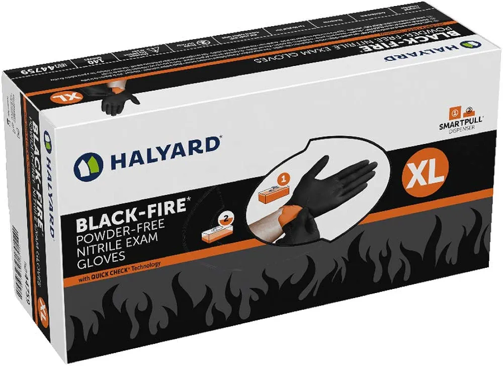 HALYARD Black-FIRE Nitrile Exam Gloves w/Quick Check, Breach Detection, Powder-Free, 5.5 mil, 9.5", Black/Orange, X-Large, 44759 (Box of 140)