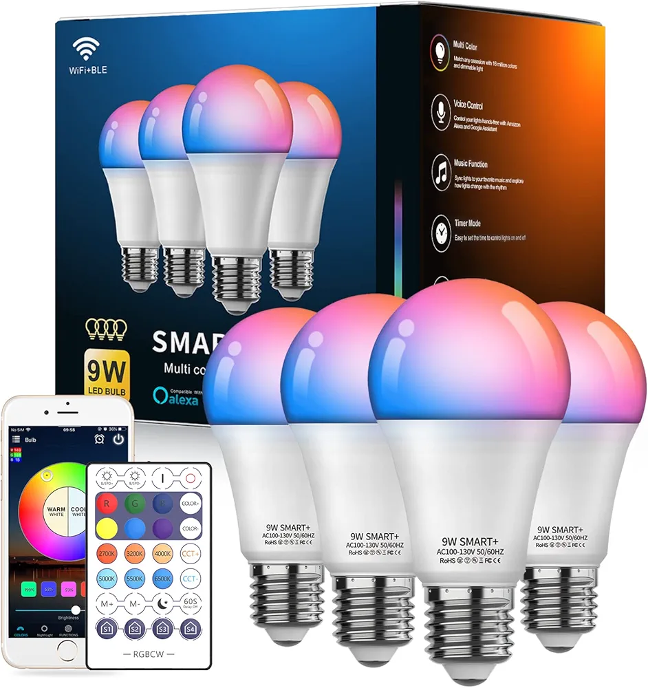 Smart Light Bulbs 4Pack with Remote, A19 E26 800LM LED Color Changing Light Bulb, WiFi & Bluetooth 5.0, Warm to Cool White, Dimmable, RGB Smart Home Lighting Work with Alexa Google Assistant