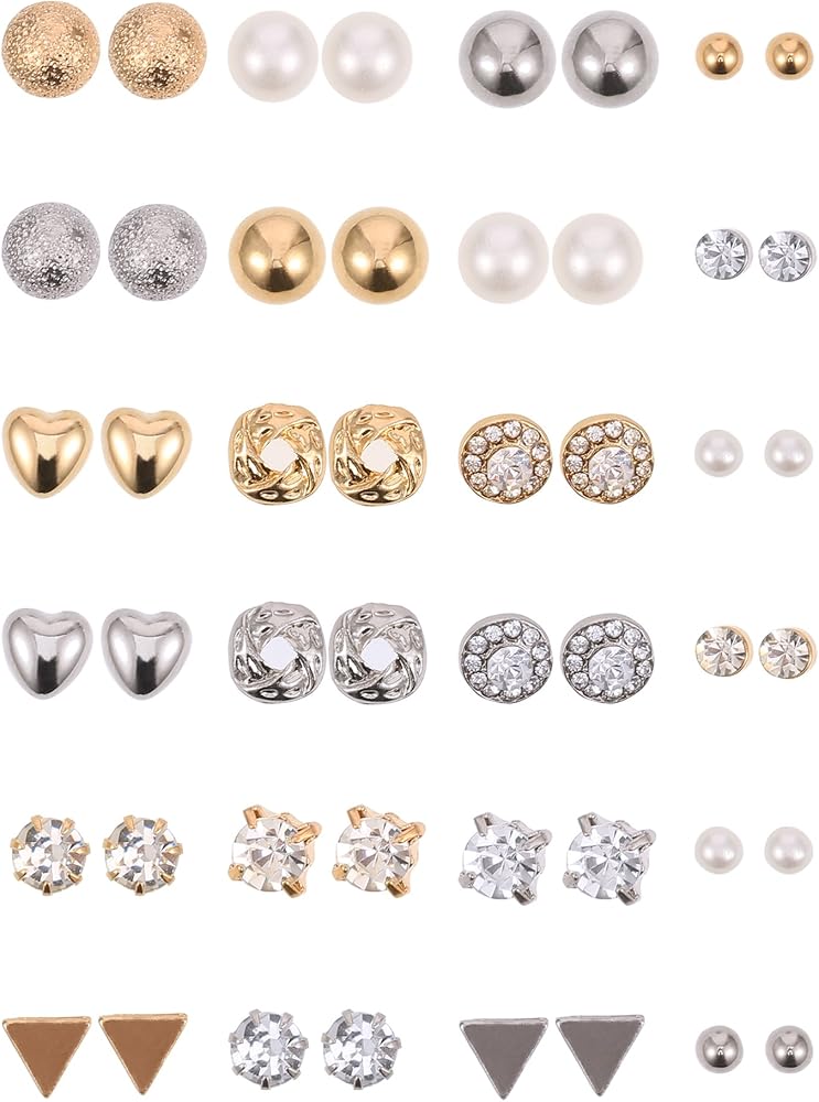 BBTO 24 Pairs Stud Earrings Crystal Pearl Earring Set Ear Stud Jewelry for Women Men