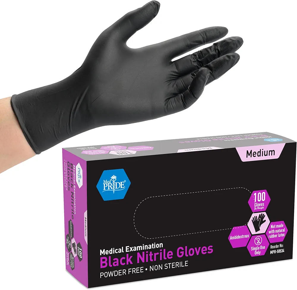 MED PRIDE Black Nitrile Medical Examination Gloves (Medium, 100-Count) Ultra-Strong 6 mil Thick, Latex & Rubber Free, Disposable Powder-Free Gloves for Healthcare & Food Handling Use