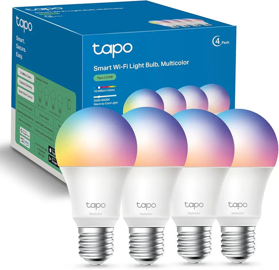 TP-Link Tapo Smart Light Bulbs, 16M Colors RGBW, Dimmable, Compatible with Alexa and Google Home, A19, 60W Equivalent, 800LM CRI>90, 2.4GHz WiFi only, No Hub Required, Tapo L530E(4-Pack)